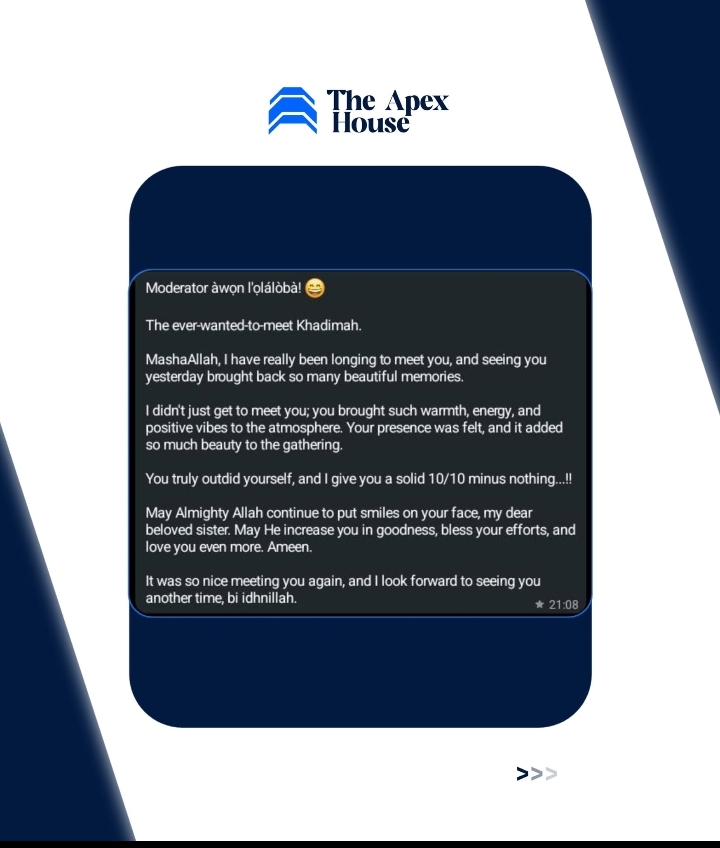 Client shares a warm message after meeting The Apex House at an event